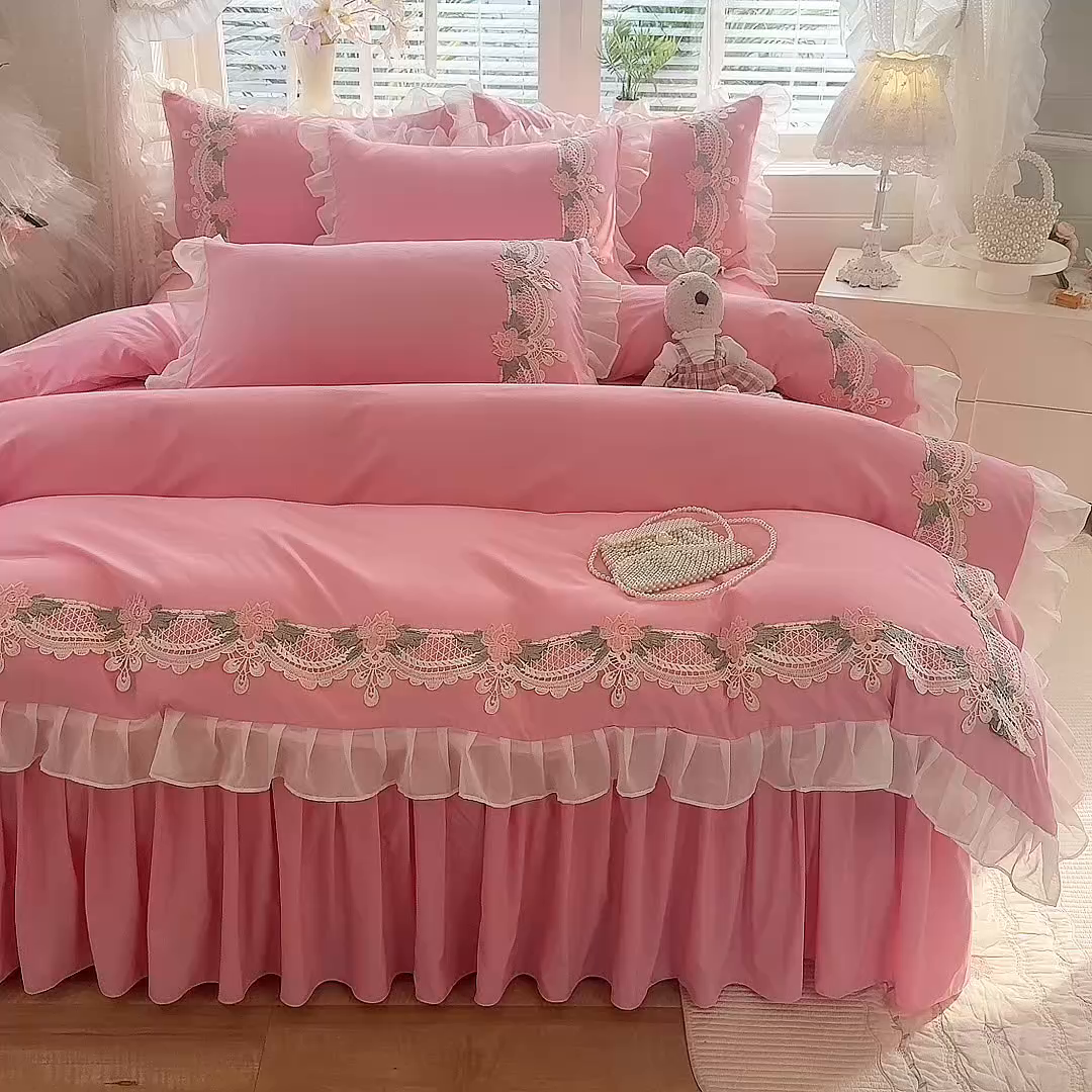 91家纺网 家纺一手货源 找家纺 后庭寝室 2026新款水溶花边床裙四件套-爱恋系列 爱恋-粉
