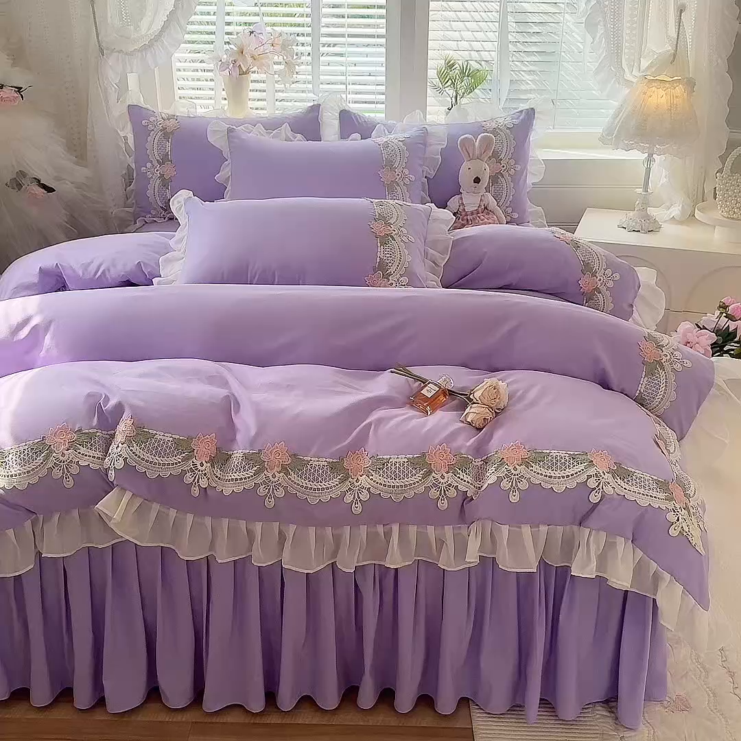 91家纺网 家纺一手货源 找家纺 后庭寝室 2026新款水溶花边床裙四件套-爱恋系列 爱恋-紫