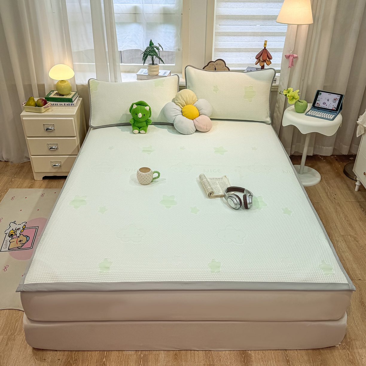 91家纺网 家纺一手货源 找家纺 眠势力 2026新款冰豆豆凉席三件套夏季冷感可机洗冰丝席软席子条席款 云朵-绿