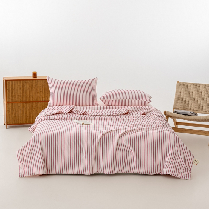 91家纺网 家纺一手货源 找家纺 迪梵家纺 2026新款A类无印风水洗棉条纹大豆夏凉被夏被空调被薄被子被子被芯（带买家秀） 条纹-红