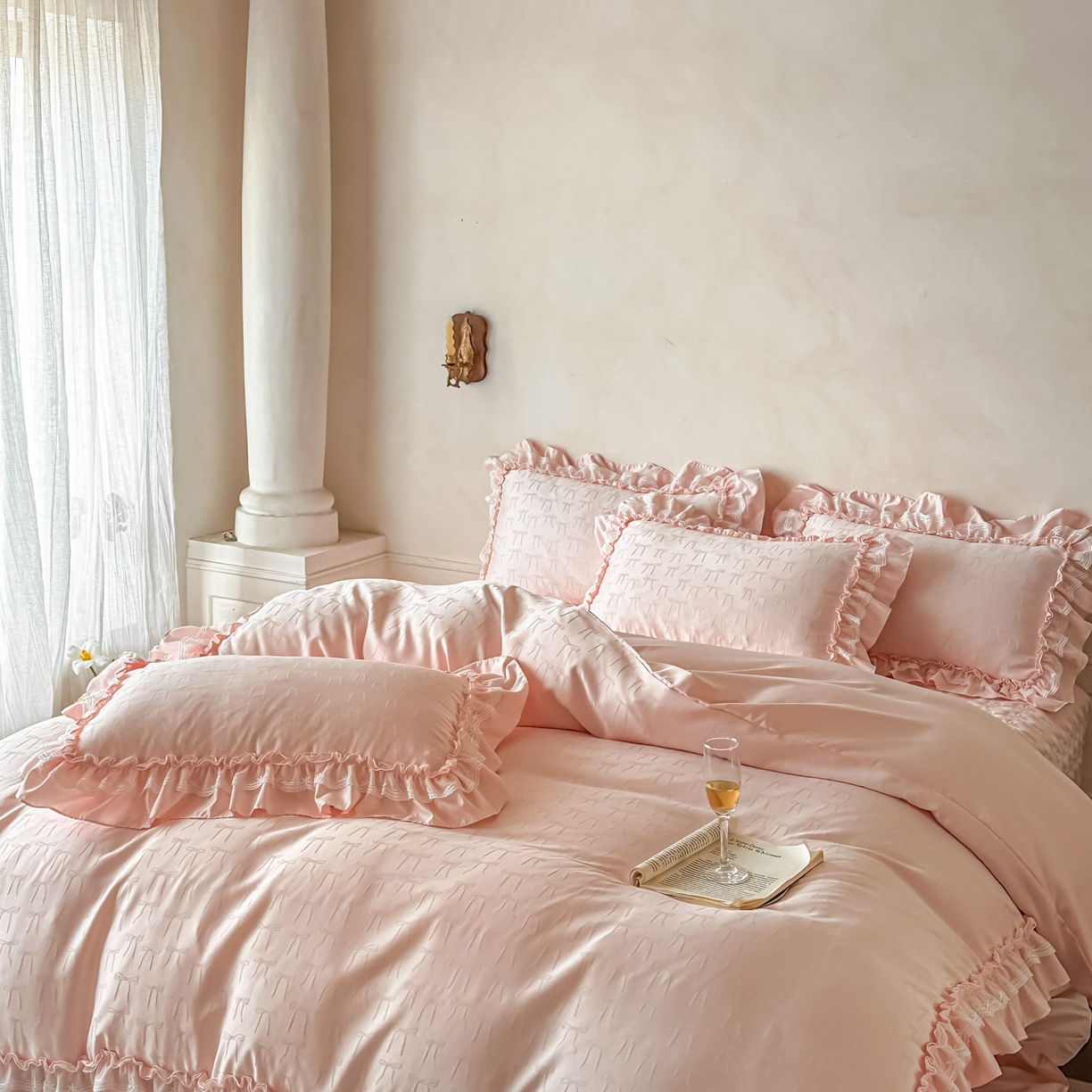 91家纺网 家纺一手货源 找家纺 迪梦姿家纺 2026新款春意真丝提花床盖四件套 粉玉