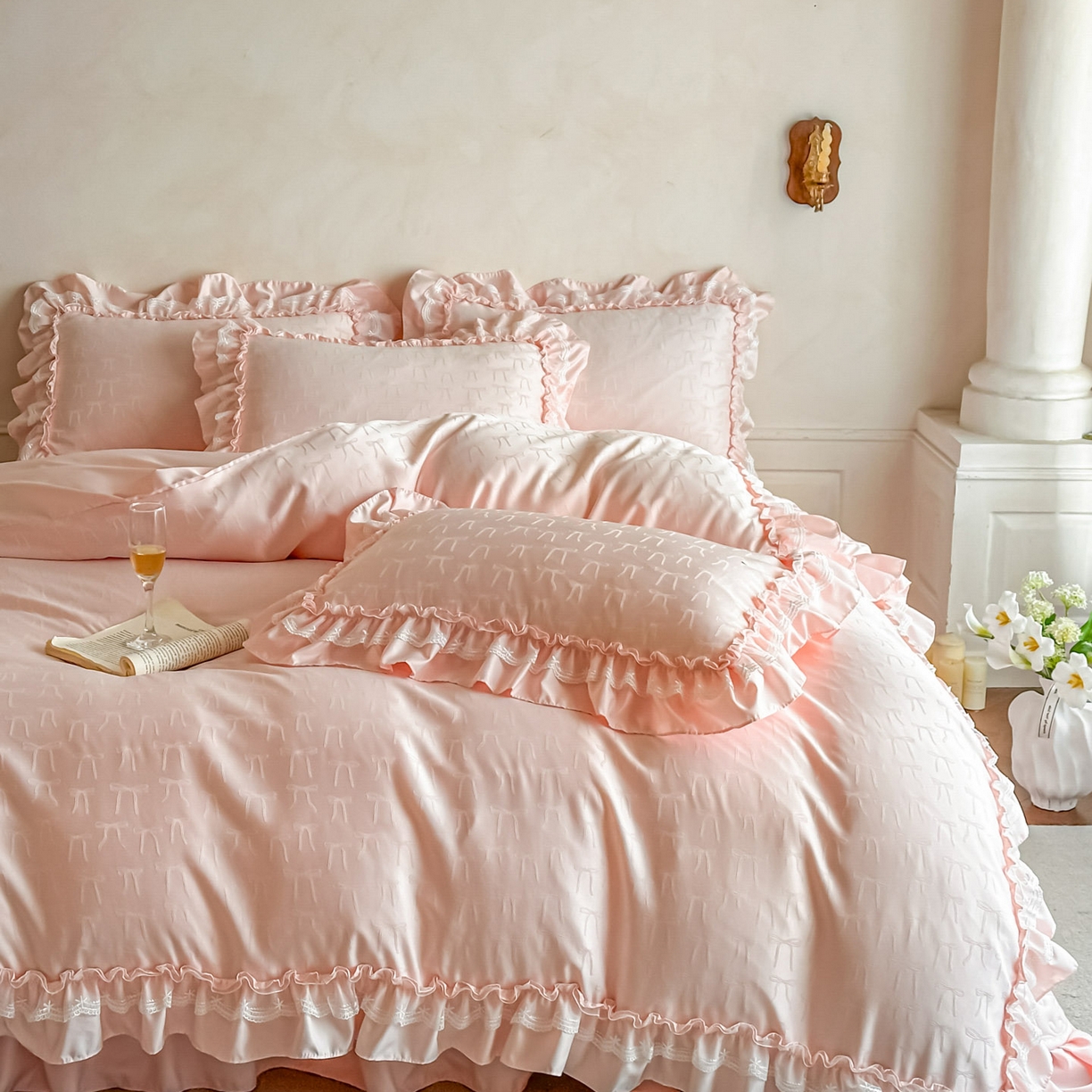 91家纺网 家纺一手货源 找家纺 迪梦姿家纺 2026新款春意真丝提花床盖四件套 粉玉