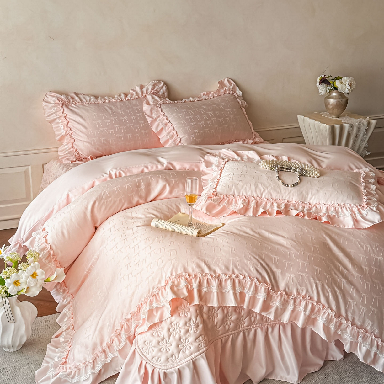 91家纺网 家纺一手货源 找家纺 迪梦姿家纺 2026新款春意真丝提花床盖四件套 粉玉