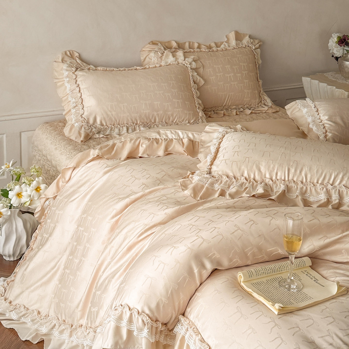 91家纺网 家纺一手货源 找家纺 迪梦姿家纺 2026新款春意真丝提花床盖四件套 香槟