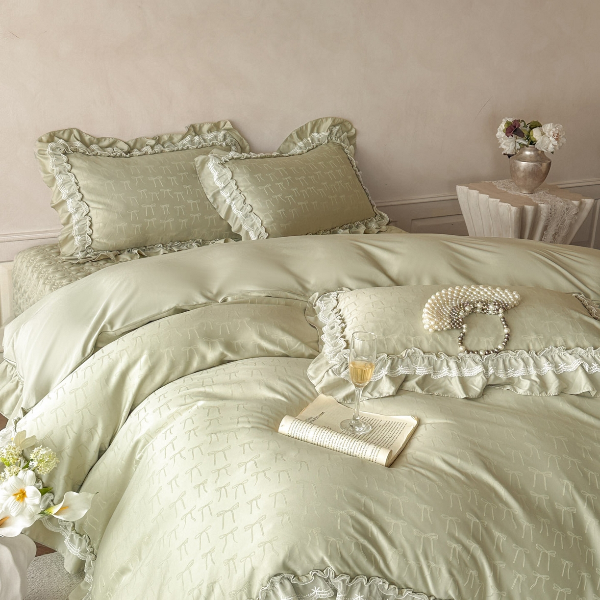 91家纺网 家纺一手货源 找家纺 迪梦姿家纺 2026新款春意真丝提花床盖四件套 抹茶绿