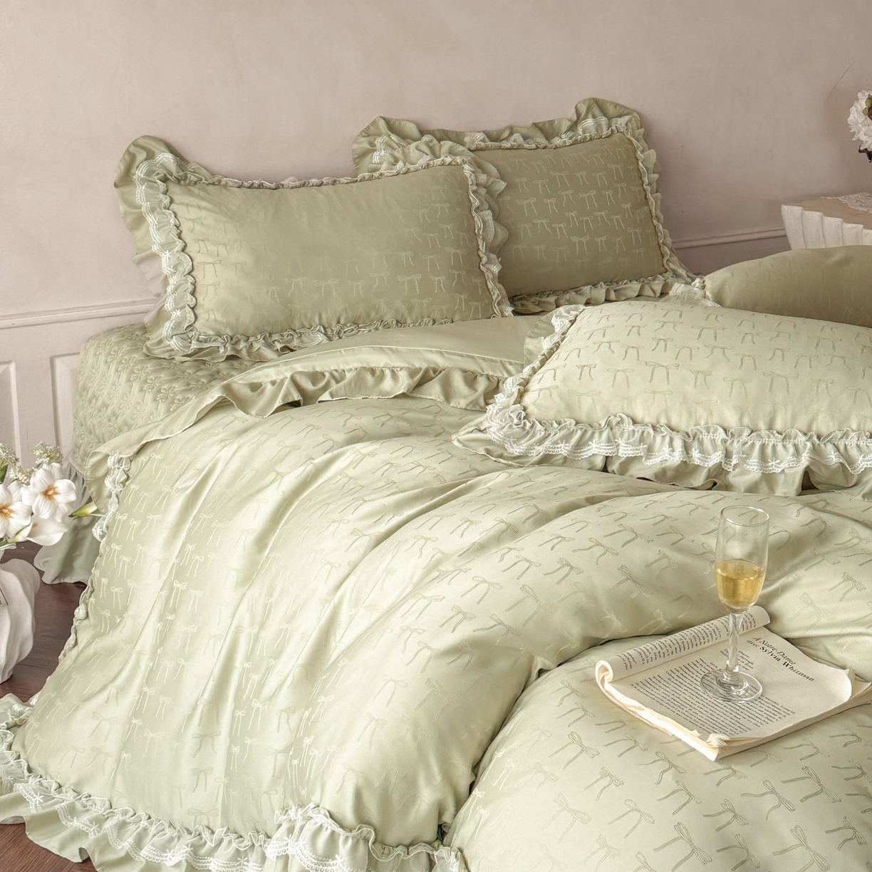 91家纺网 家纺一手货源 找家纺 迪梦姿家纺 2026新款春意真丝提花床盖四件套 抹茶绿
