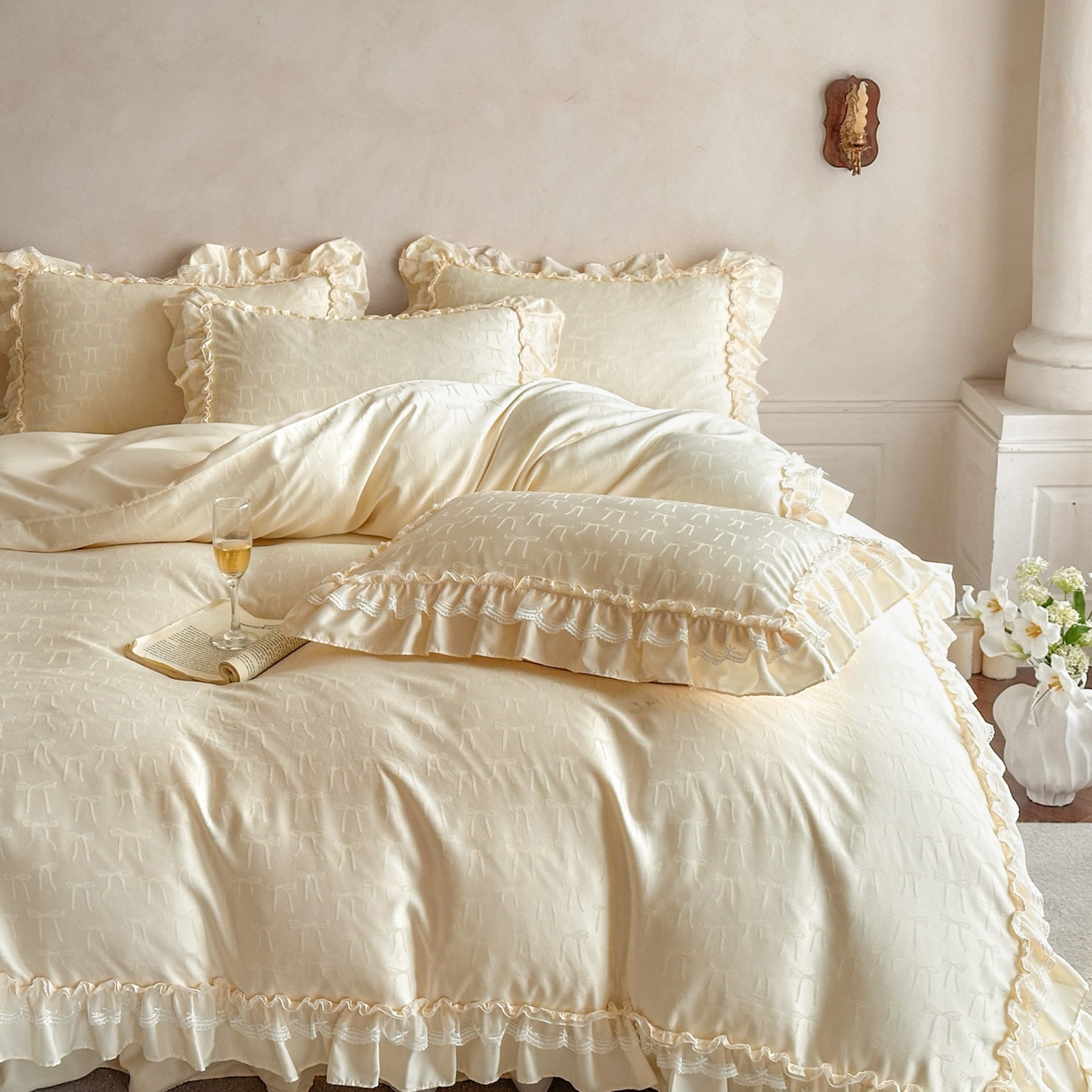 91家纺网 家纺一手货源 找家纺 迪梦姿家纺 2026新款春意真丝提花床盖四件套 奶白