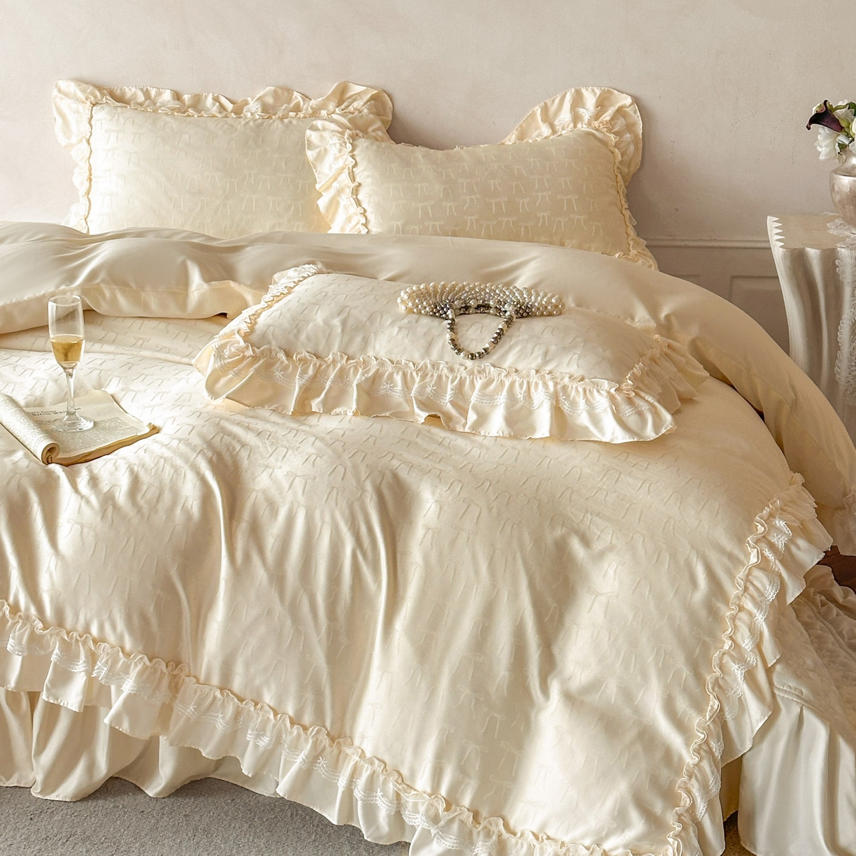 91家纺网 家纺一手货源 找家纺 迪梦姿家纺 2026新款春意真丝提花床盖四件套 奶白