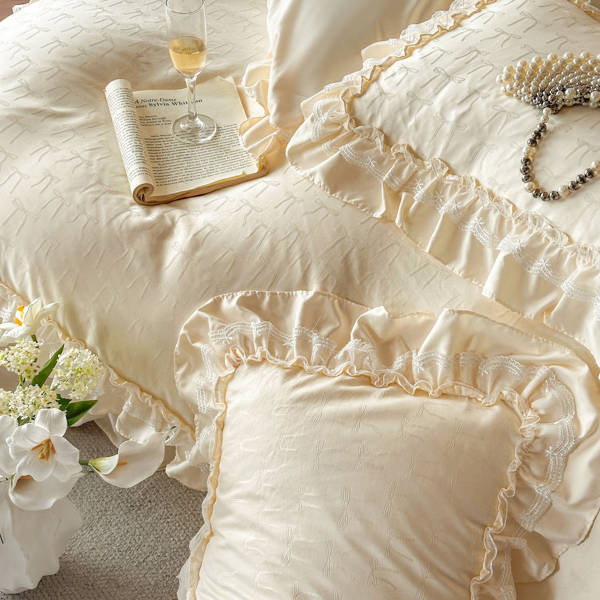 91家纺网 家纺一手货源 找家纺 迪梦姿家纺 2026新款春意真丝提花床盖四件套 奶白