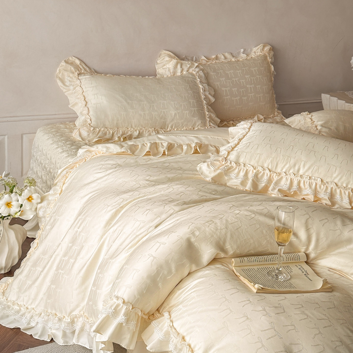 91家纺网 家纺一手货源 找家纺 迪梦姿家纺 2026新款春意真丝提花床盖四件套 奶白