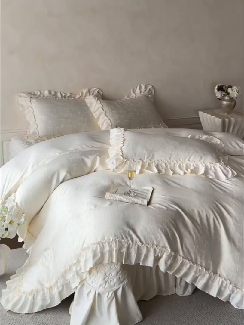 91家纺网 家纺一手货源 找家纺 迪梦姿家纺 2026新款春意真丝提花床盖四件套 奶白