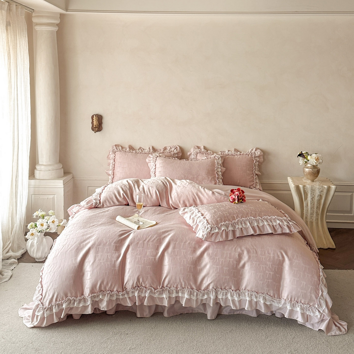 迪梦姿家纺 2026新款春意真丝提花床盖四件套 豆沙