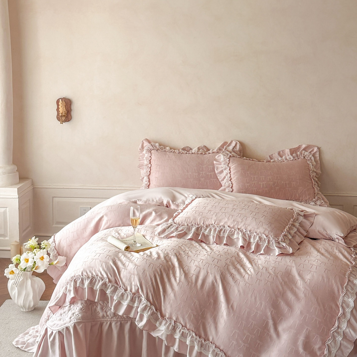 91家纺网 家纺一手货源 找家纺 迪梦姿家纺 2026新款春意真丝提花床盖四件套 豆沙