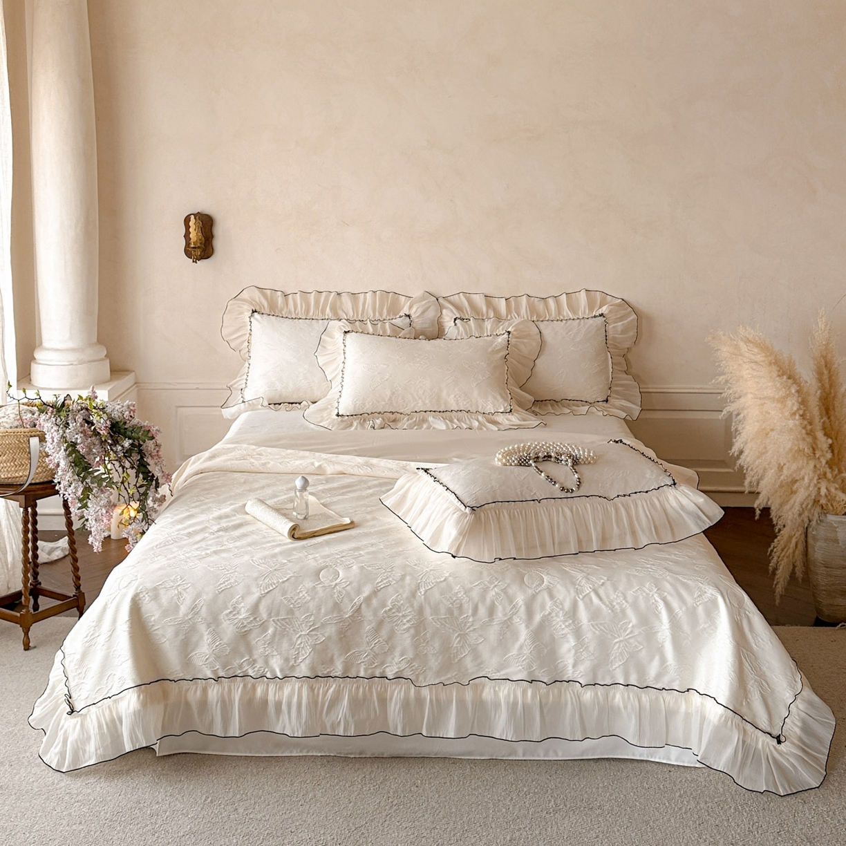 迪梦姿家纺 2026新款梦蝶真丝提花夏被四件套 奶白色