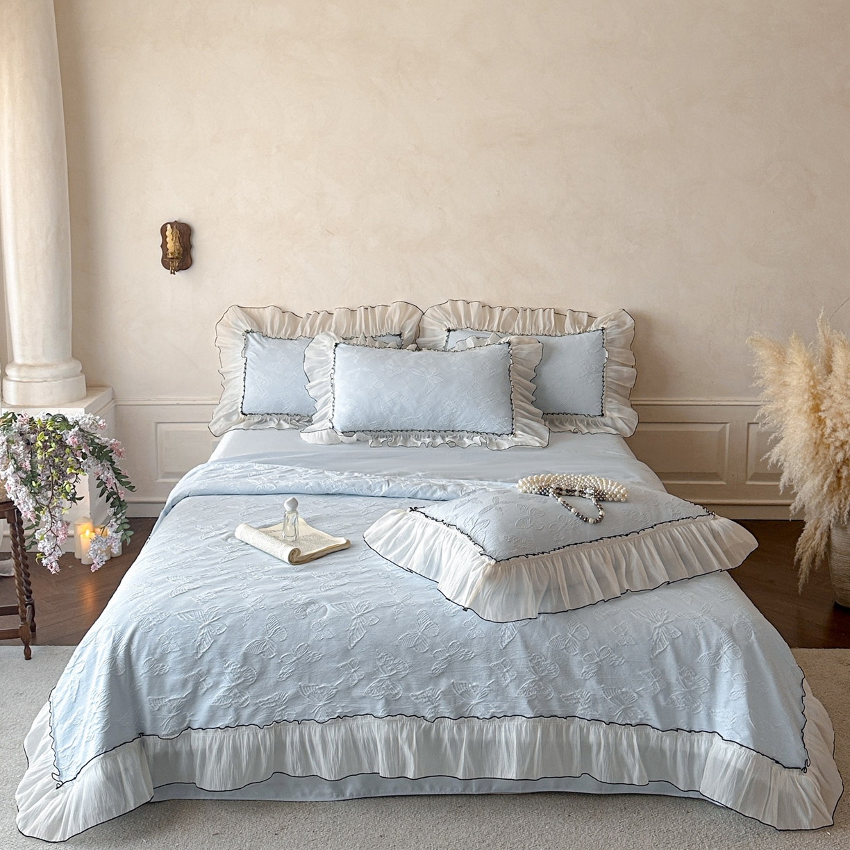 迪梦姿家纺 2026新款梦蝶真丝提花夏被四件套 天空兰