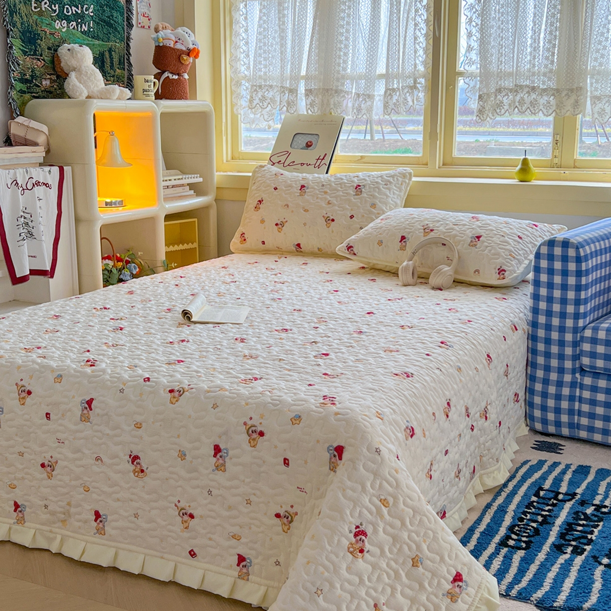 91家纺网 家纺一手货源 找家纺 默忆 2026新款亲肤舒适双层纱花边宽床盖 圣诞小鹿