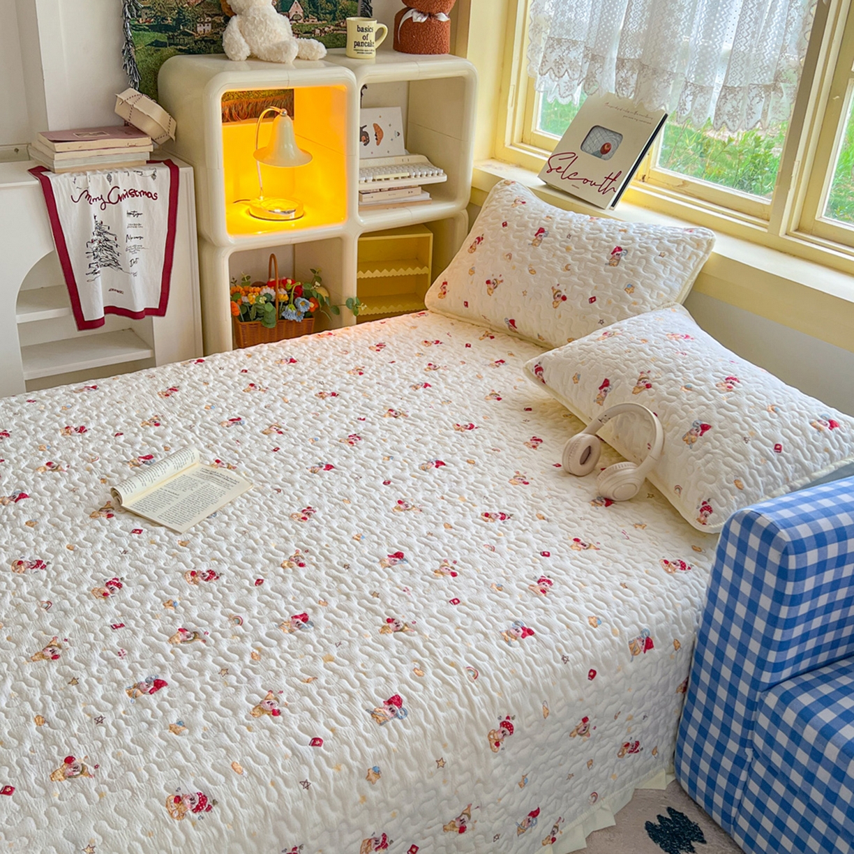 91家纺网 家纺一手货源 找家纺 默忆 2026新款亲肤舒适双层纱花边宽床盖 圣诞小鹿