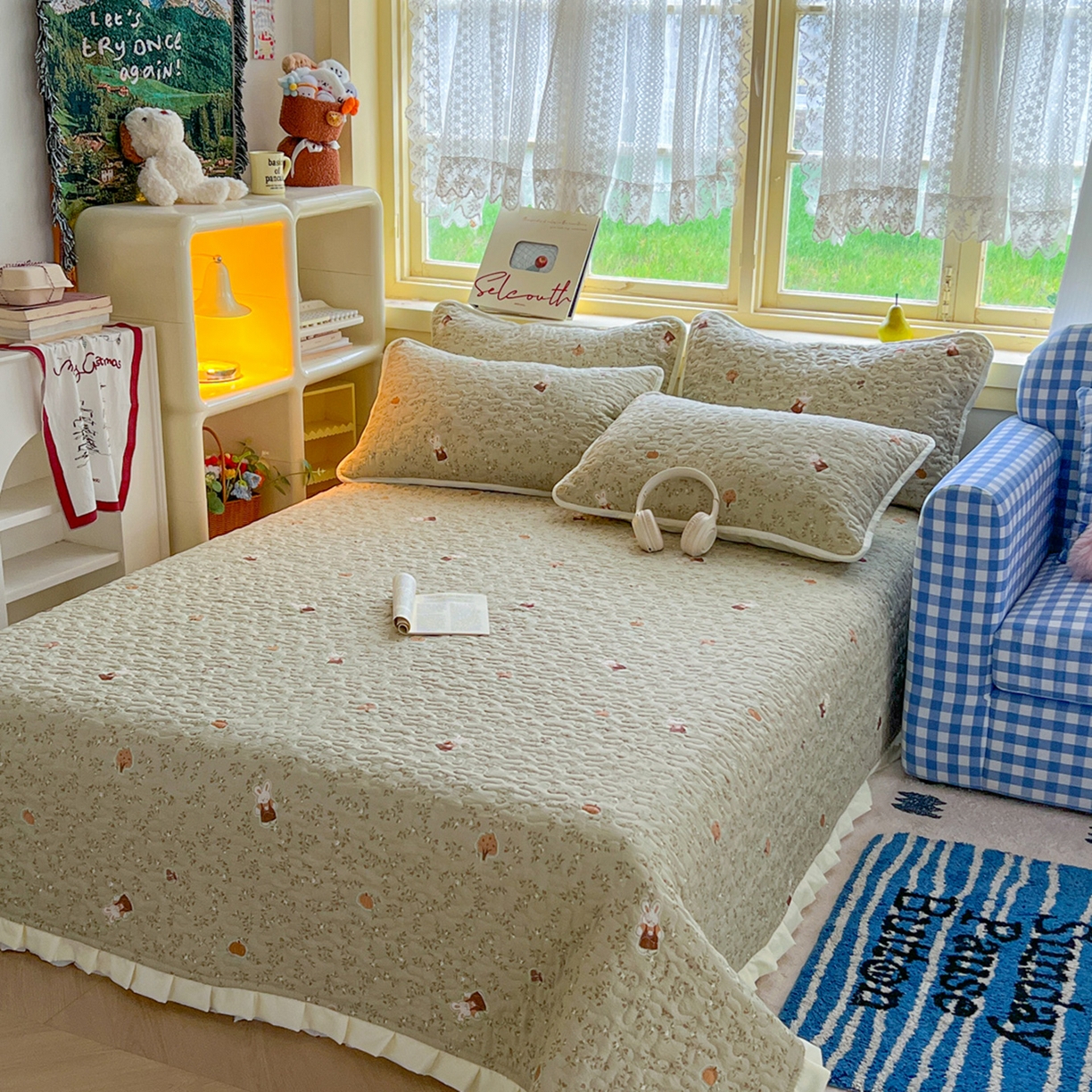 91家纺网 家纺一手货源 找家纺 默忆 2026新款亲肤舒适双层纱花边宽床盖 花草兔