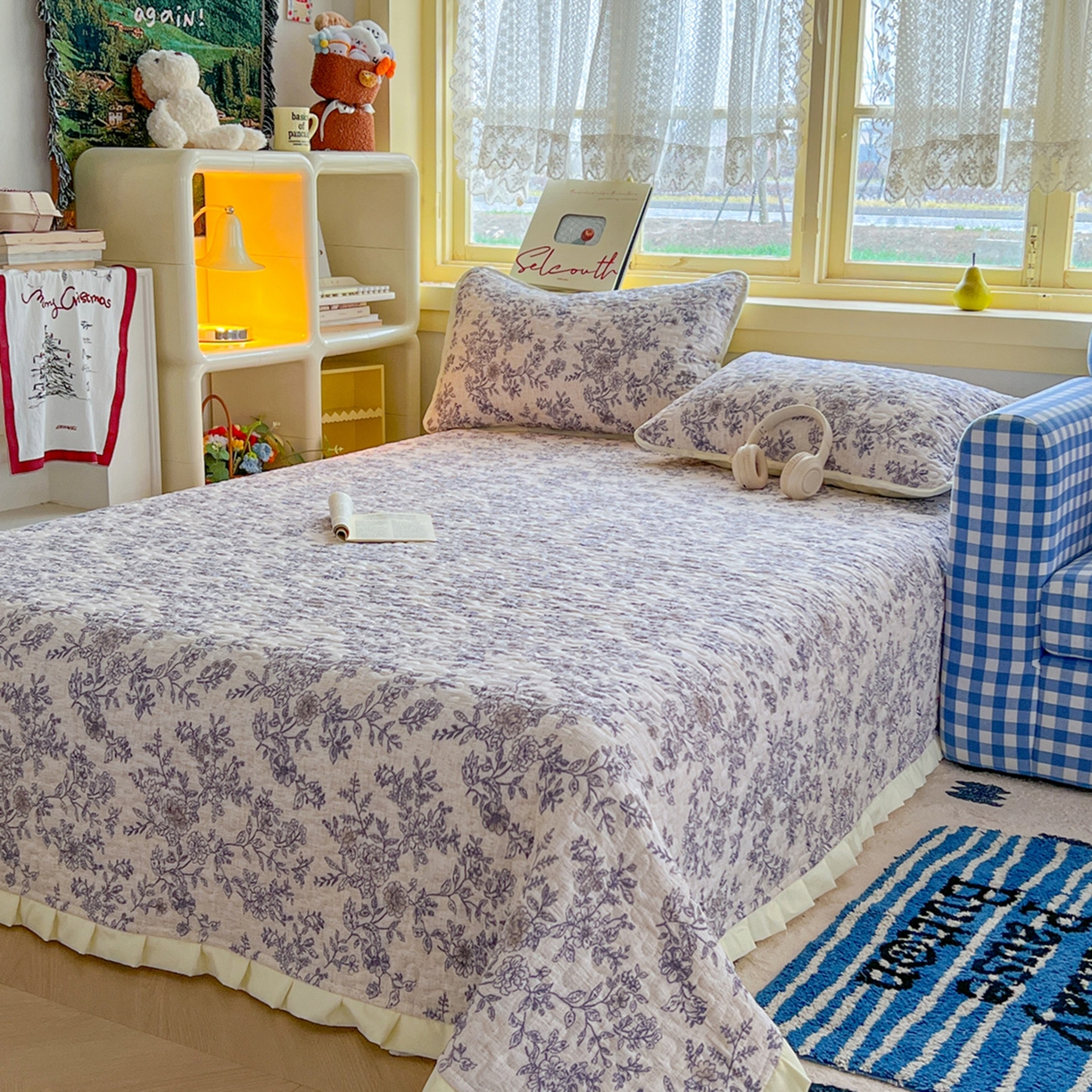 91家纺网 家纺一手货源 找家纺 默忆 2026新款亲肤舒适双层纱花边宽床盖 繁花似锦