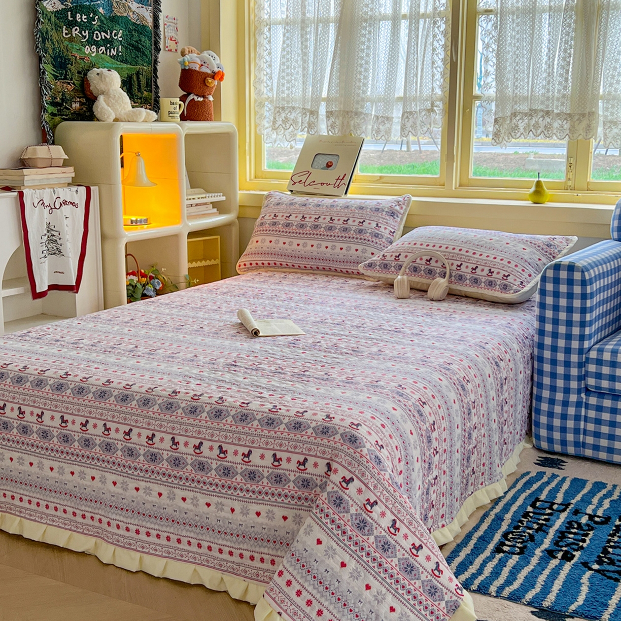 91家纺网 家纺一手货源 找家纺 默忆 2026新款亲肤舒适双层纱花边宽床盖 马到成功