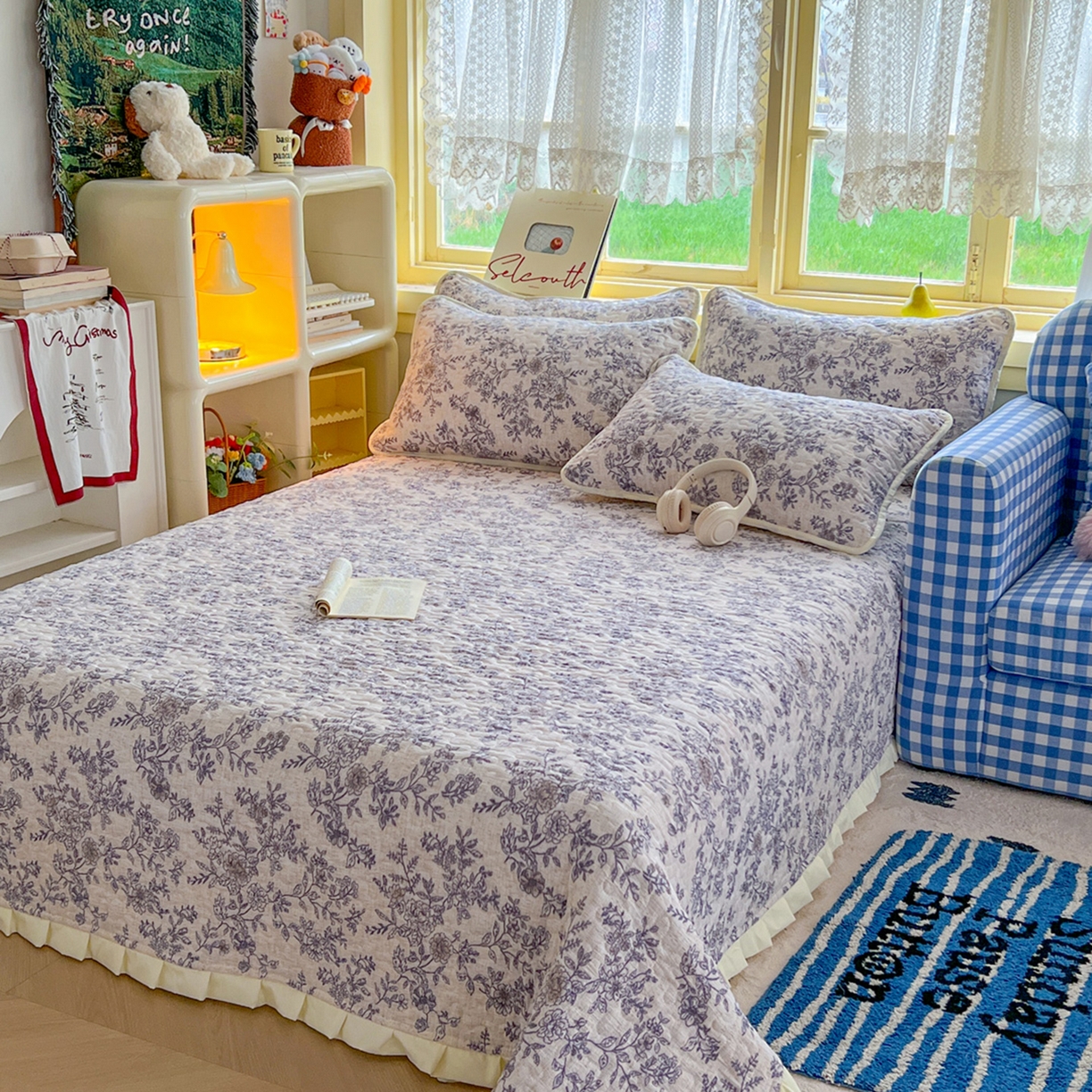 91家纺网 家纺一手货源 找家纺 默忆 2026新款亲肤舒适双层纱花边宽床盖 繁花似锦