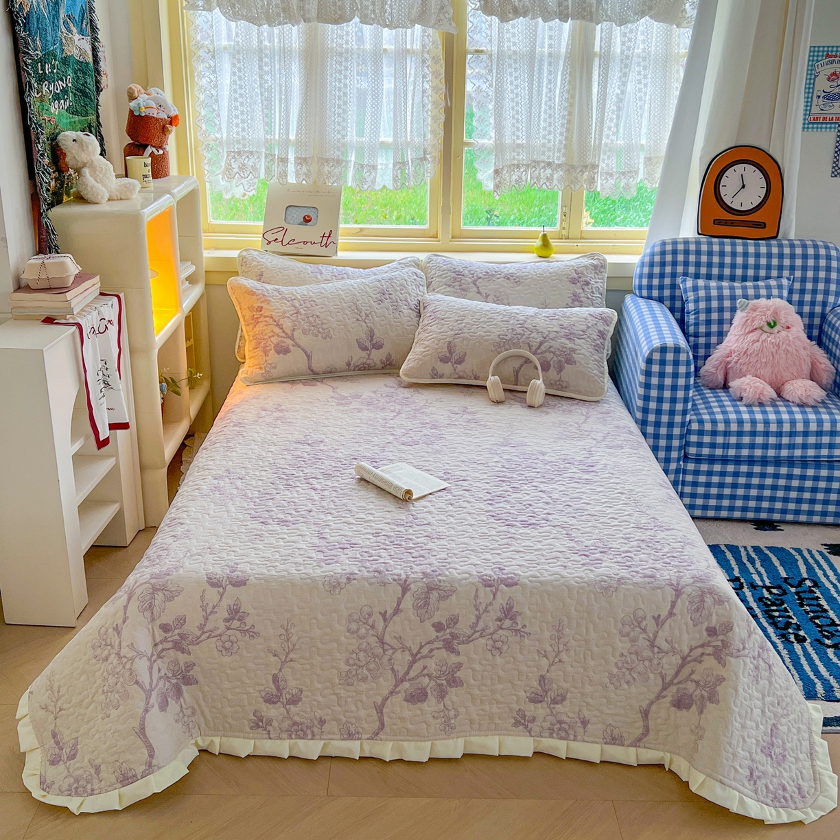 默忆 2026新款亲肤舒适双层纱花边宽床盖 锦上添花