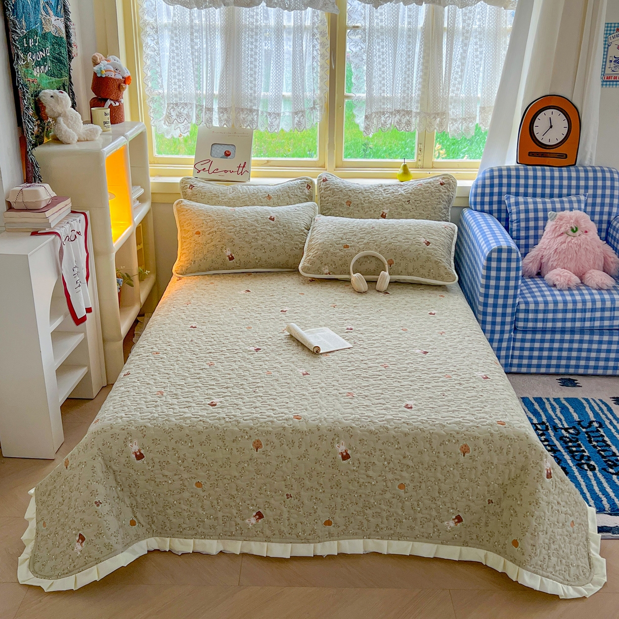 默忆 2026新款亲肤舒适双层纱花边宽床盖 花草兔