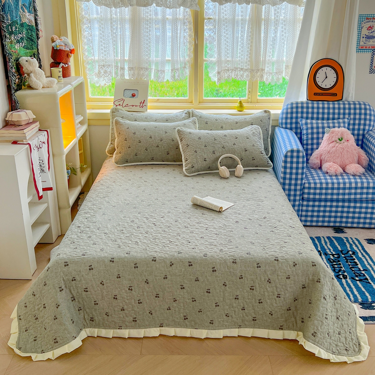 默忆 2026新款亲肤舒适双层纱花边宽床盖 樱桃曼舞