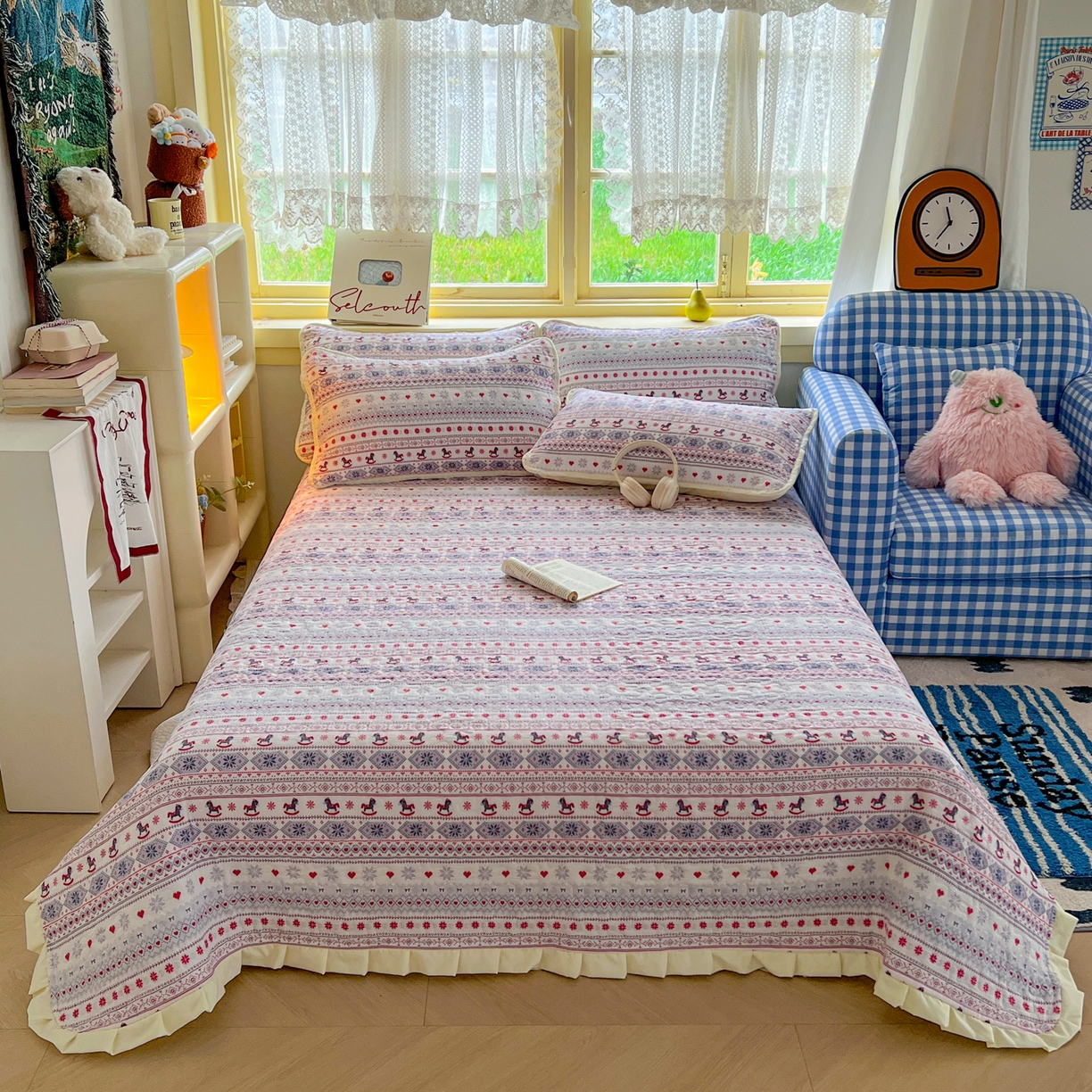 默忆 2026新款亲肤舒适双层纱花边宽床盖 马到成功