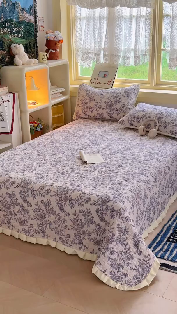 91家纺网 家纺一手货源 找家纺 默忆 2026新款亲肤舒适双层纱花边宽床盖 繁花似锦