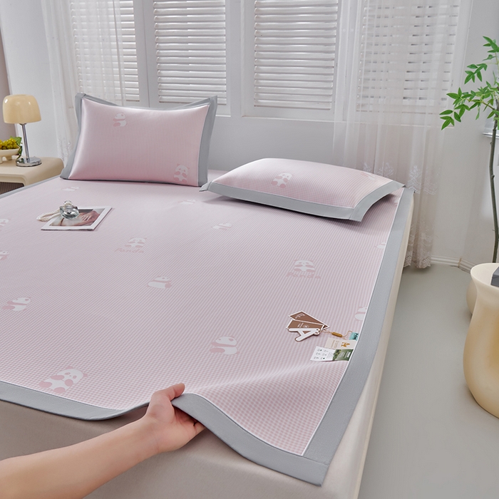 小牛席业 2026新款熊猫格纹提花冰丝席席子凉席 粉色