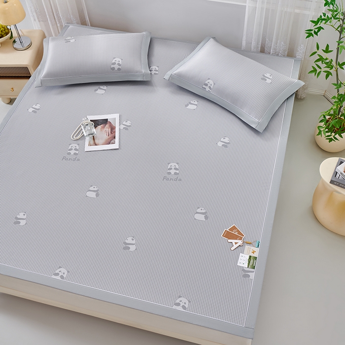 91家纺网 家纺一手货源 找家纺 小牛席业 2026新款熊猫格纹提花冰丝席席子凉席 灰色