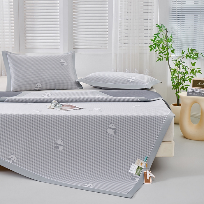 91家纺网 家纺一手货源 找家纺 小牛席业 2026新款熊猫格纹提花冰丝席席子凉席 灰色