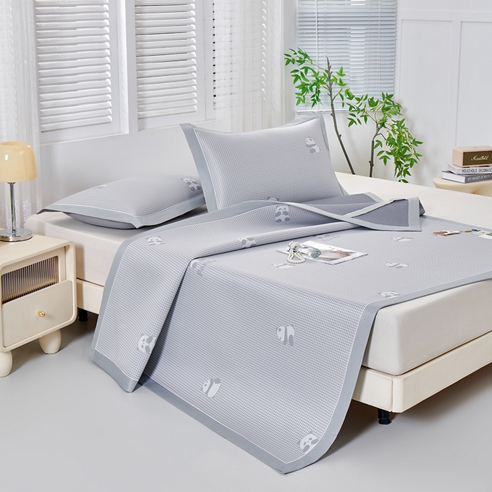 91家纺网 家纺一手货源 找家纺 小牛席业 2026新款熊猫格纹提花冰丝席席子凉席 灰色