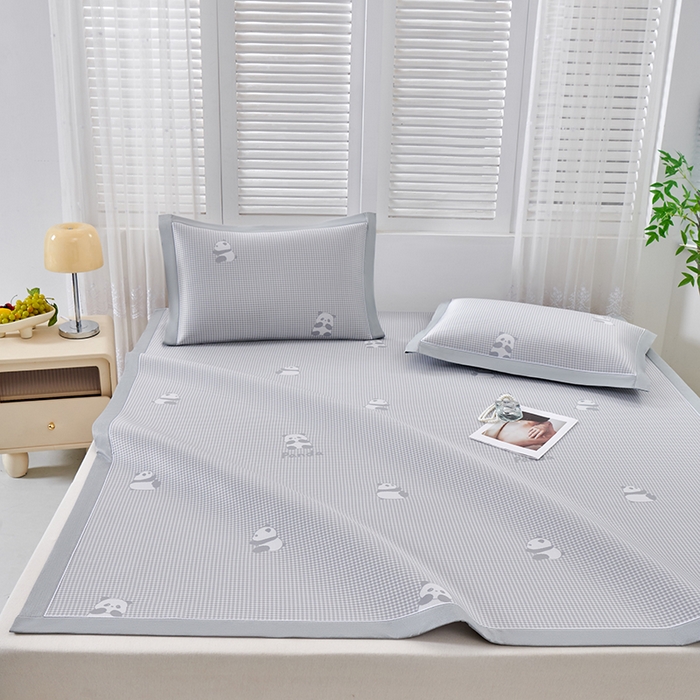 91家纺网 家纺一手货源 找家纺 小牛席业 2026新款熊猫格纹提花冰丝席席子凉席 灰色