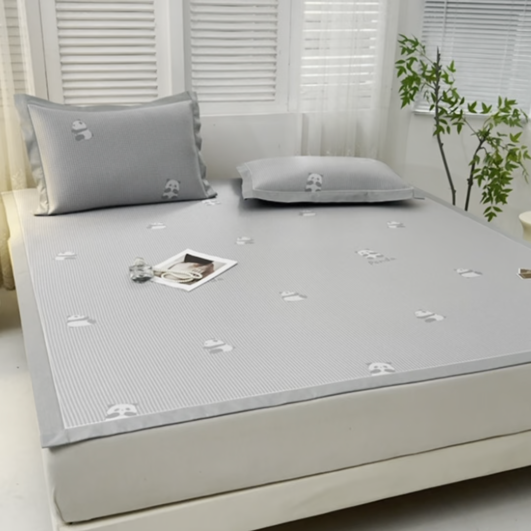 91家纺网 家纺一手货源 找家纺 小牛席业 2026新款熊猫格纹提花冰丝席席子凉席 灰色