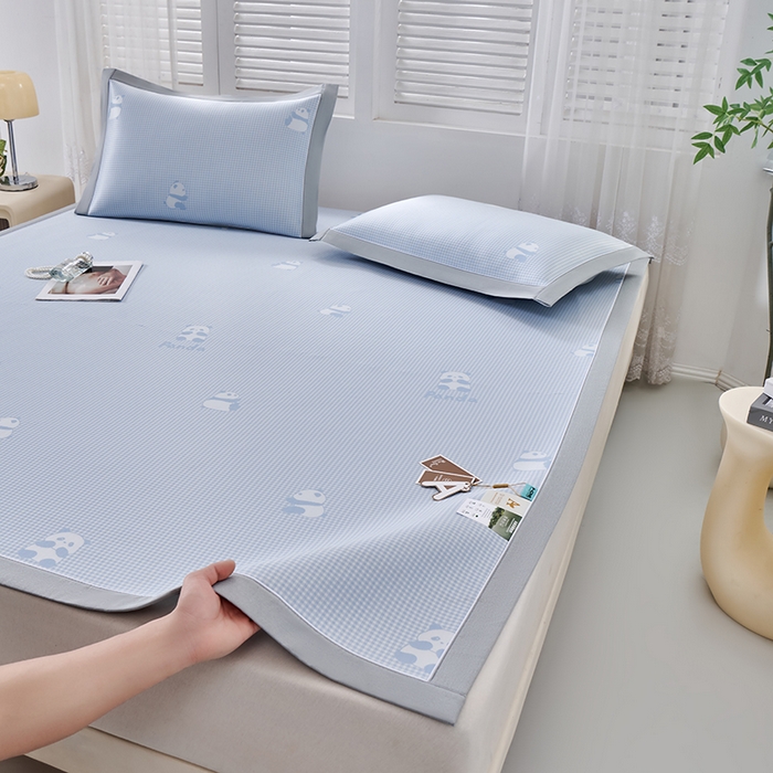 小牛席业 2026新款熊猫格纹提花冰丝席席子凉席 蓝色