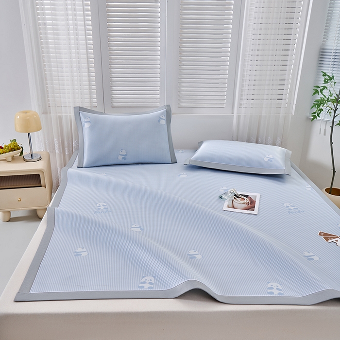 91家纺网 家纺一手货源 找家纺 小牛席业 2026新款熊猫格纹提花冰丝席席子凉席 蓝色