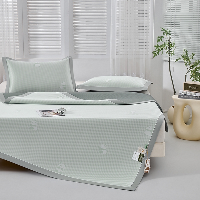 91家纺网 家纺一手货源 找家纺 小牛席业 2026新款熊猫格纹提花冰丝席席子凉席 抹茶