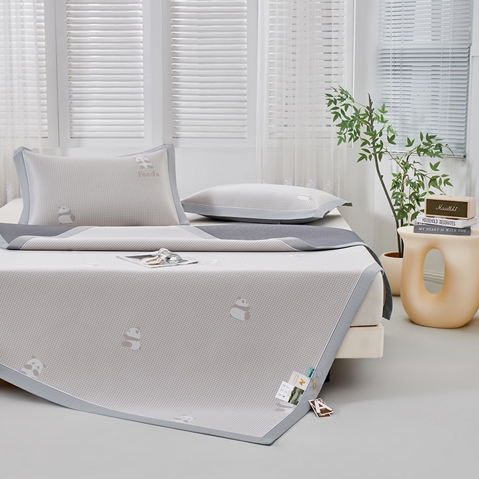 91家纺网 家纺一手货源 找家纺 小牛席业 2026新款熊猫格纹提花冰丝席席子凉席 香槟