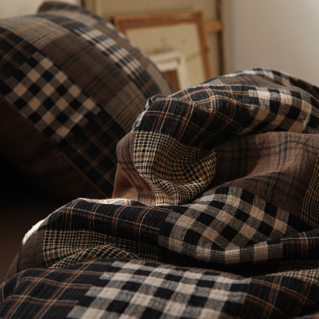 91家纺网 家纺一手货源 找家纺 山舍家居 2026新款全棉纯棉色织纱布老钱风四件套-威尔士格 威尔士格-咖