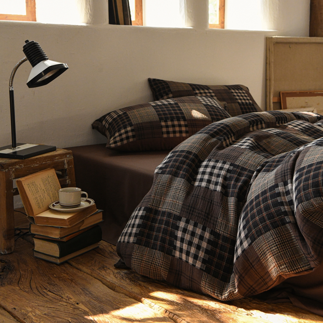 91家纺网 家纺一手货源 找家纺 山舍家居 2026新款全棉纯棉色织纱布老钱风四件套-威尔士格 威尔士格-咖