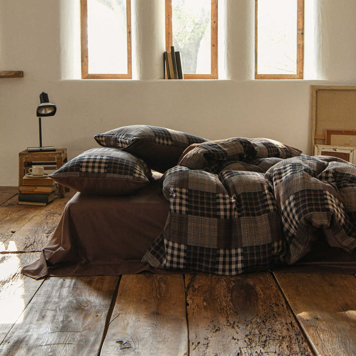 91家纺网 家纺一手货源 找家纺 山舍家居 2026新款全棉纯棉色织纱布老钱风四件套-威尔士格 威尔士格-咖