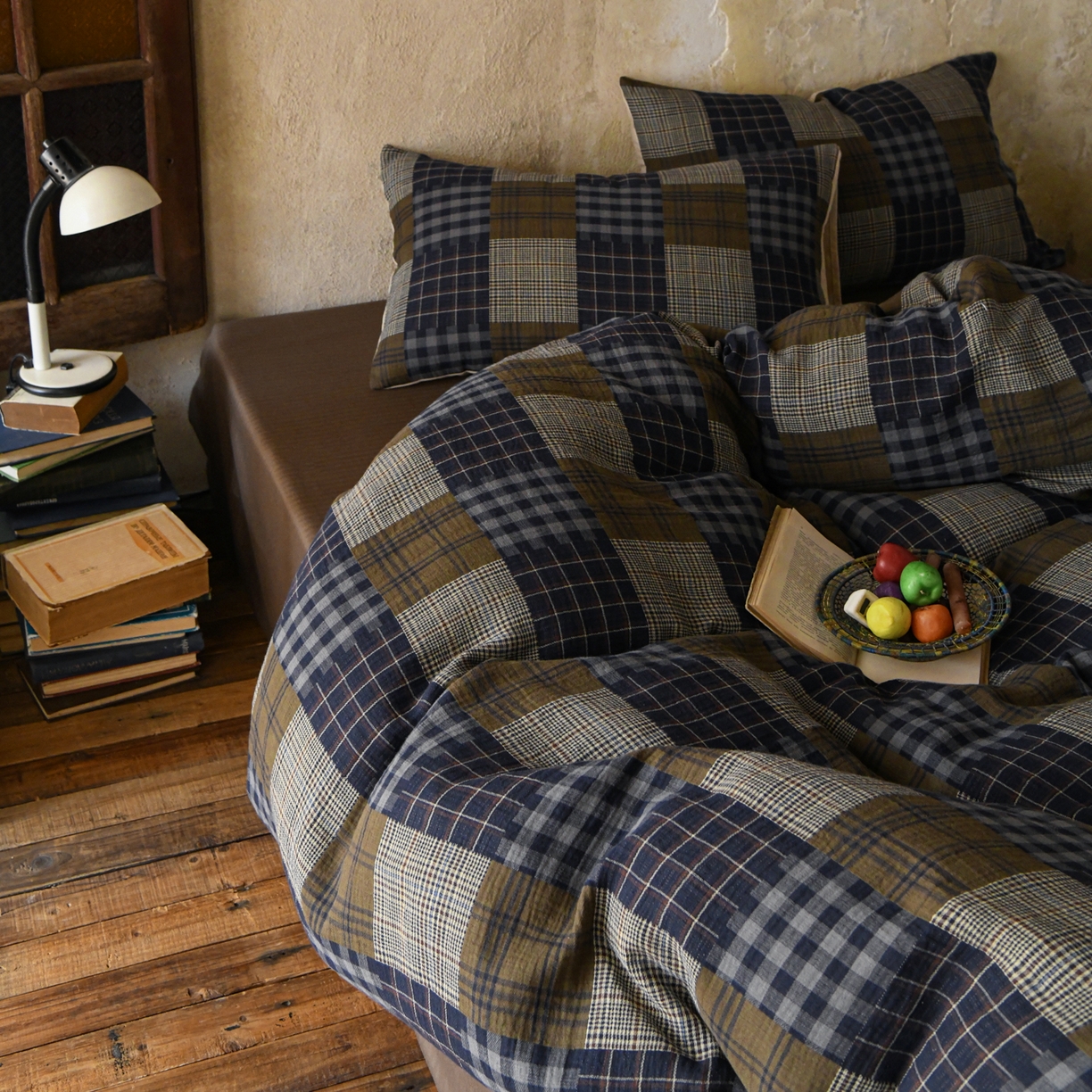 91家纺网 家纺一手货源 找家纺 山舍家居 2026新款全棉纯棉色织纱布老钱风四件套-威尔士格 威尔士格-蓝