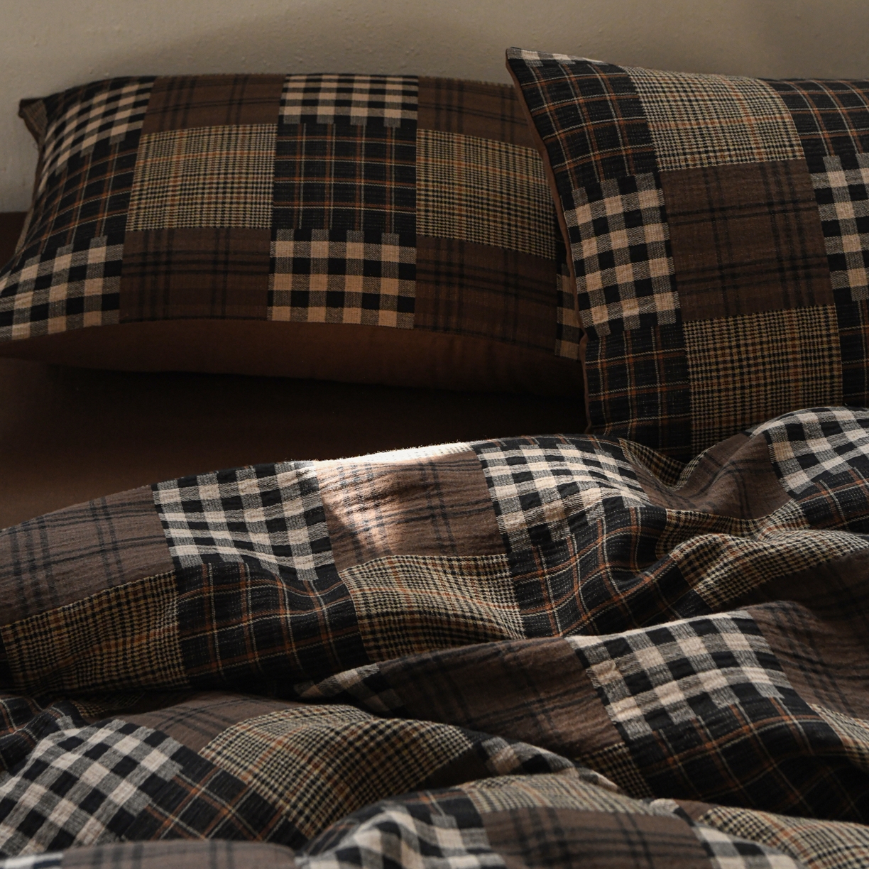 91家纺网 家纺一手货源 找家纺 山舍家居 2026新款全棉纯棉色织纱布老钱风四件套-威尔士格 威尔士格-咖