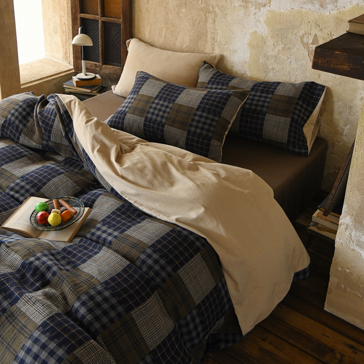 91家纺网 家纺一手货源 找家纺 山舍家居 2026新款全棉纯棉色织纱布老钱风四件套-威尔士格 威尔士格-蓝