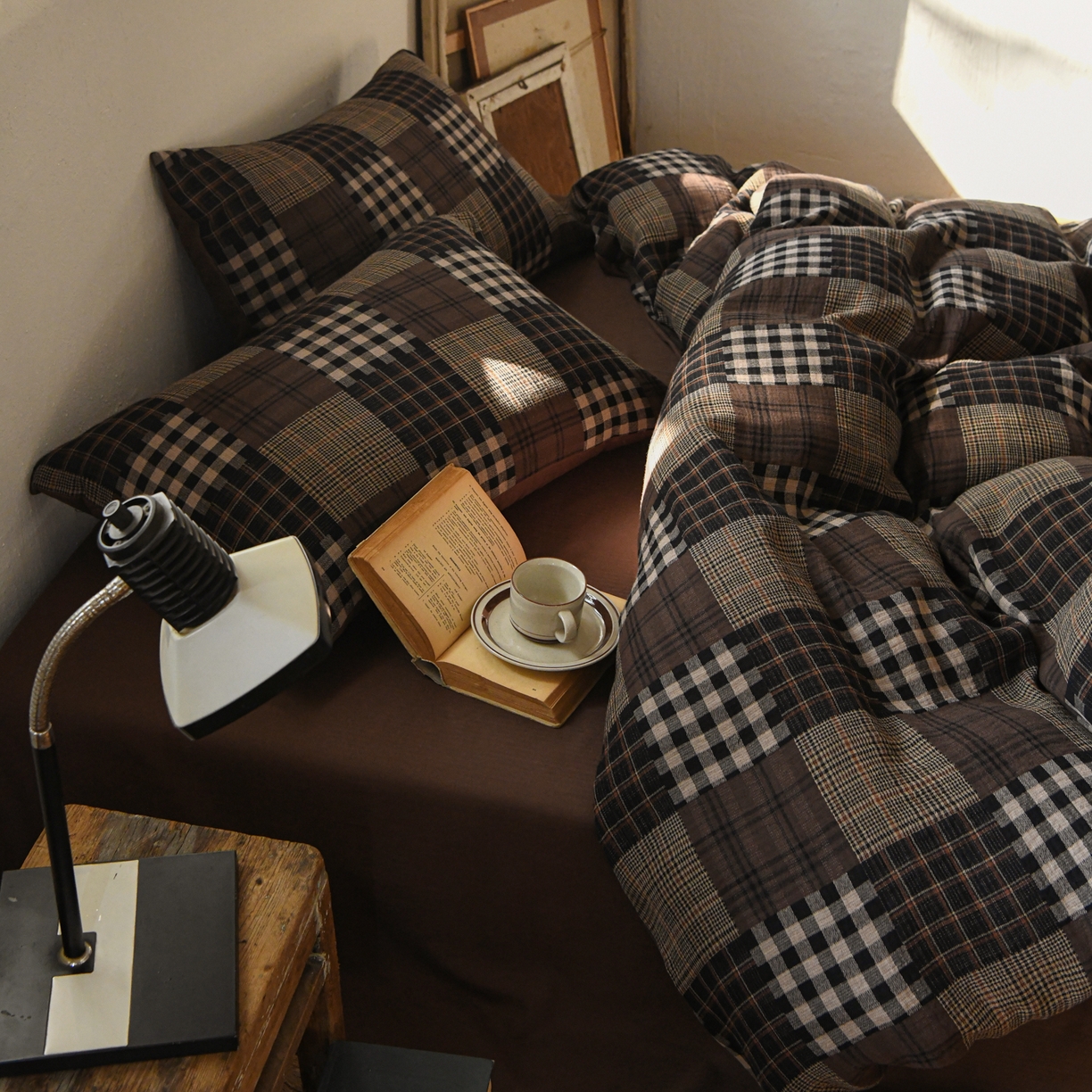 91家纺网 家纺一手货源 找家纺 山舍家居 2026新款全棉纯棉色织纱布老钱风四件套-威尔士格 威尔士格-咖