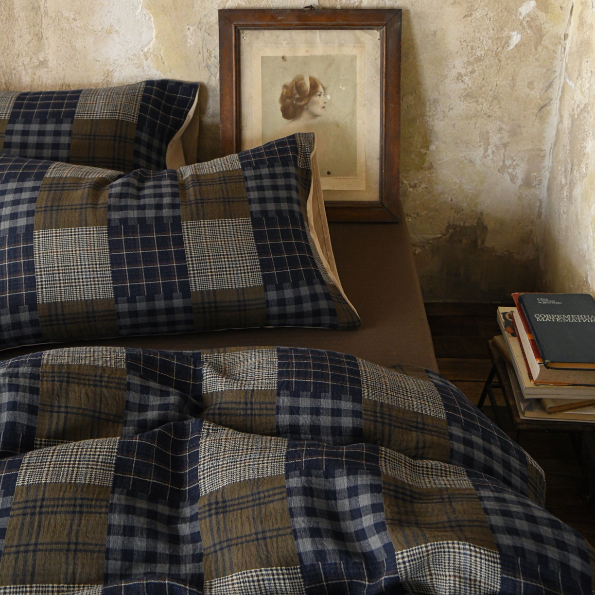 91家纺网 家纺一手货源 找家纺 山舍家居 2026新款全棉纯棉色织纱布老钱风四件套-威尔士格 威尔士格-蓝