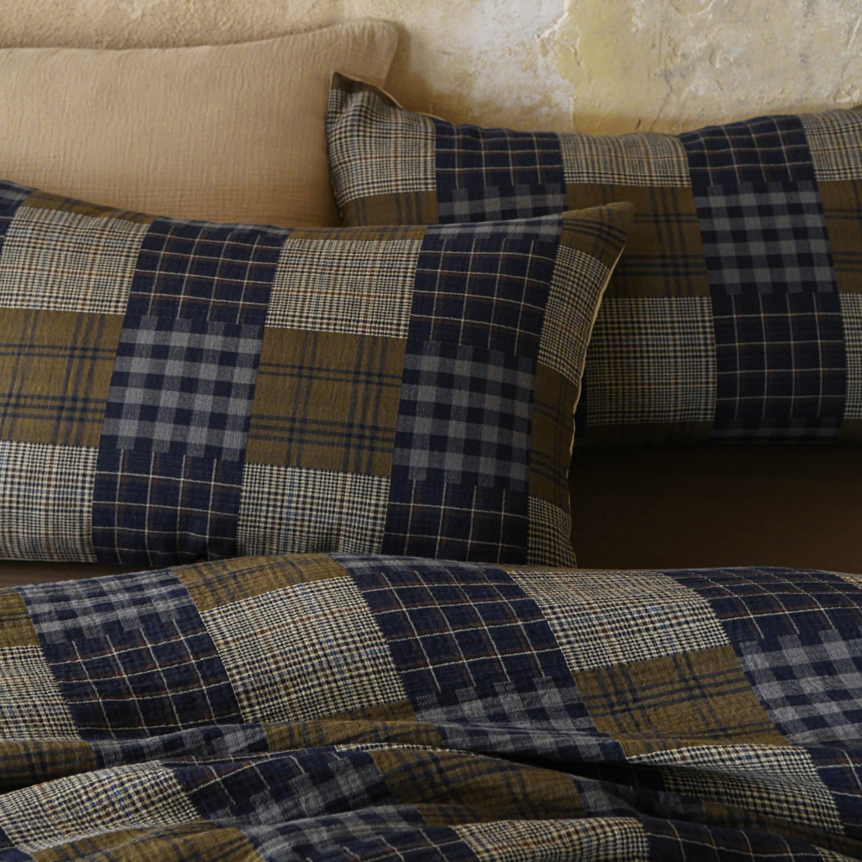 91家纺网 家纺一手货源 找家纺 山舍家居 2026新款全棉纯棉色织纱布老钱风四件套-威尔士格 威尔士格-蓝