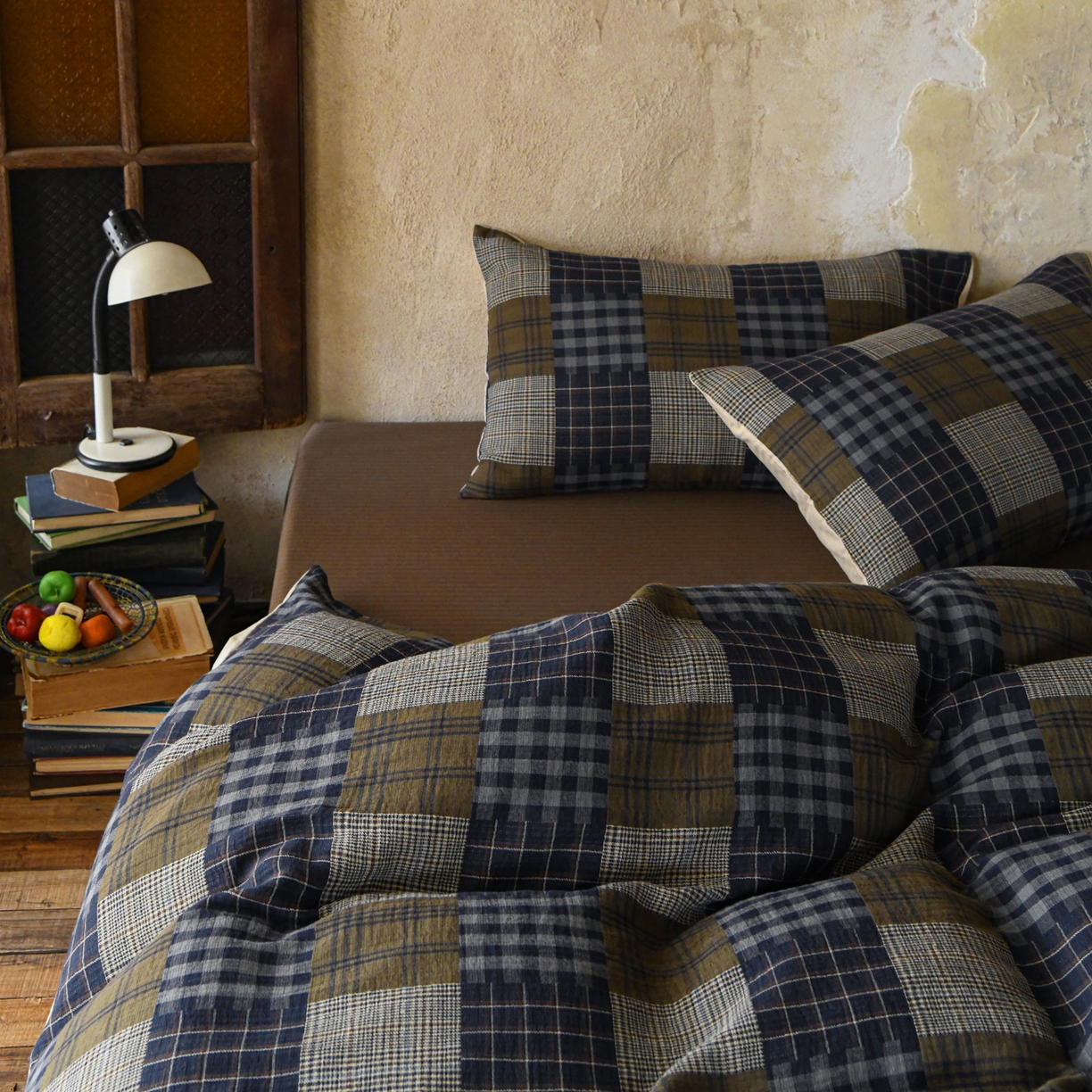 91家纺网 家纺一手货源 找家纺 山舍家居 2026新款全棉纯棉色织纱布老钱风四件套-威尔士格 威尔士格-蓝